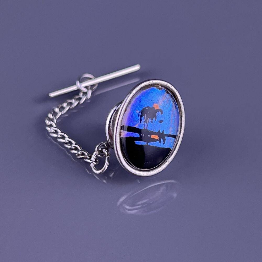 Blue Beach Palm Tree Tie Tack Pin Silver Plate Morpho Butterfly Wing Vintage